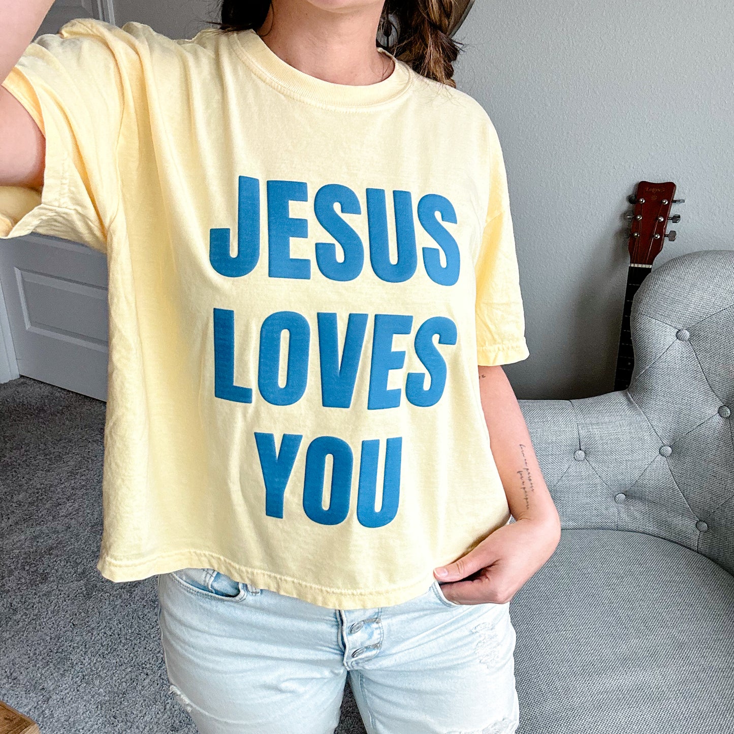 Cropped Jesus Loves You Puff Tee